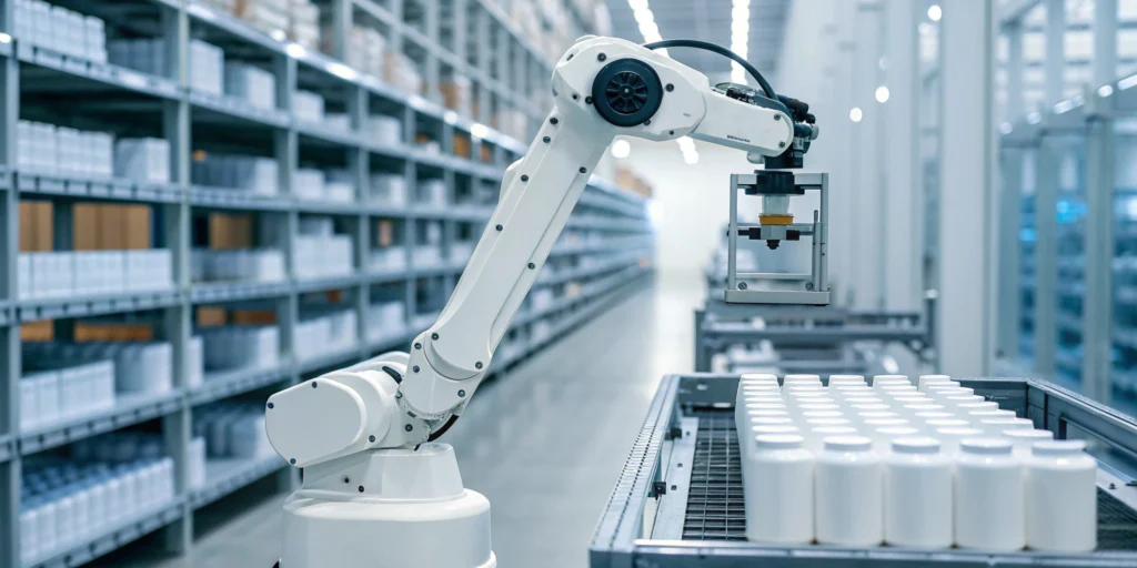 Robotic arm automating pharmaceutical packaging for the DSCSA 2025 stabilization period.