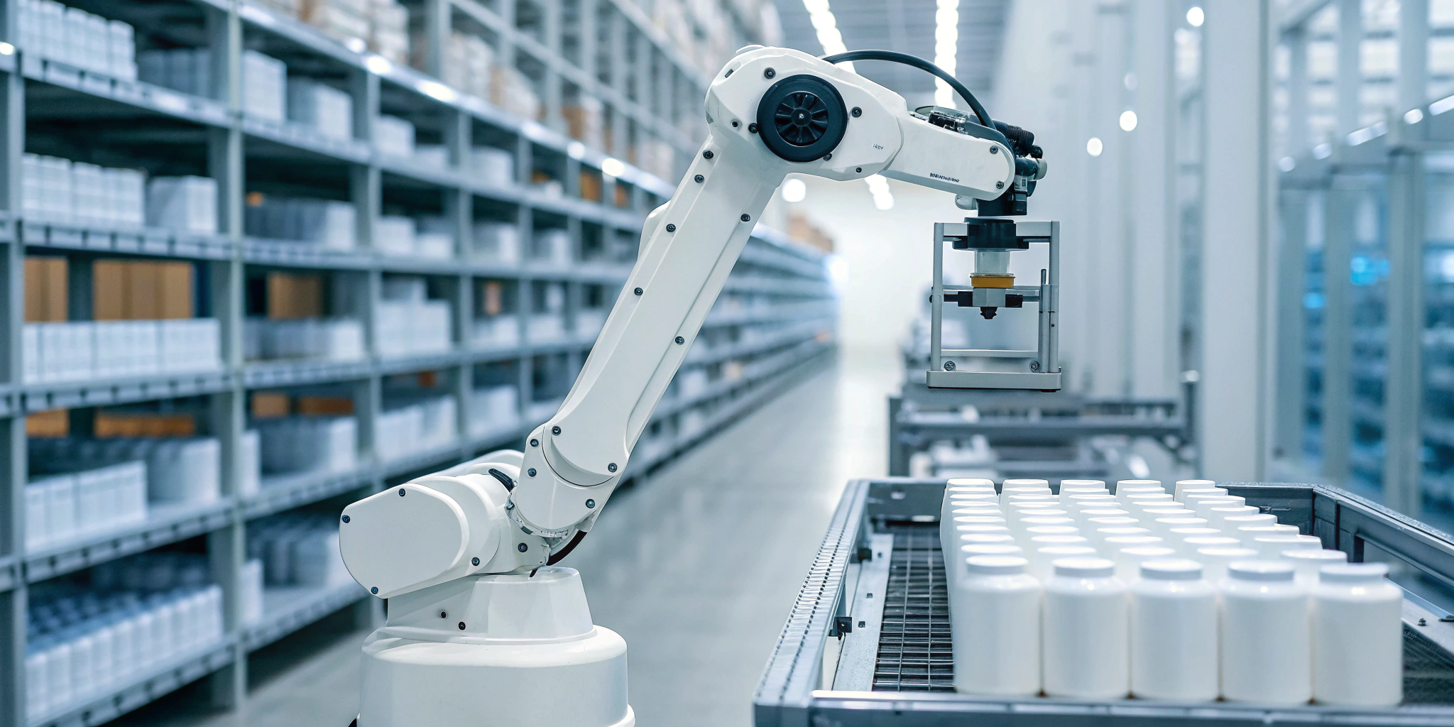 Robotic arm automating pharmaceutical packaging for the DSCSA 2025 stabilization period.