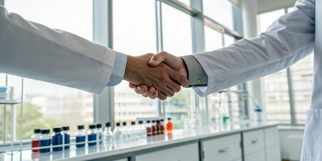 Two professionals in a lab shaking hands after a successful DSCSA authorized trading partner validation.