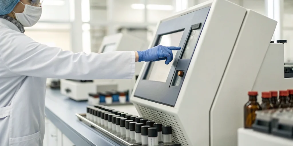 A lab technician uses an ERP for contract manufacturing to manage quality and compliance.
