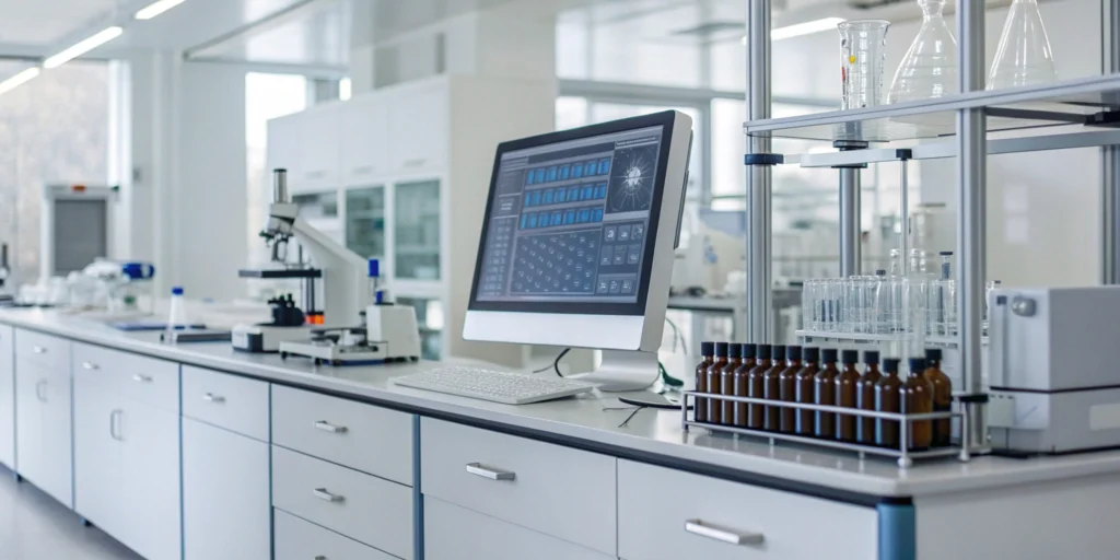 Computer in a pharmaceutical lab managing integrated serialization and ERP systems.