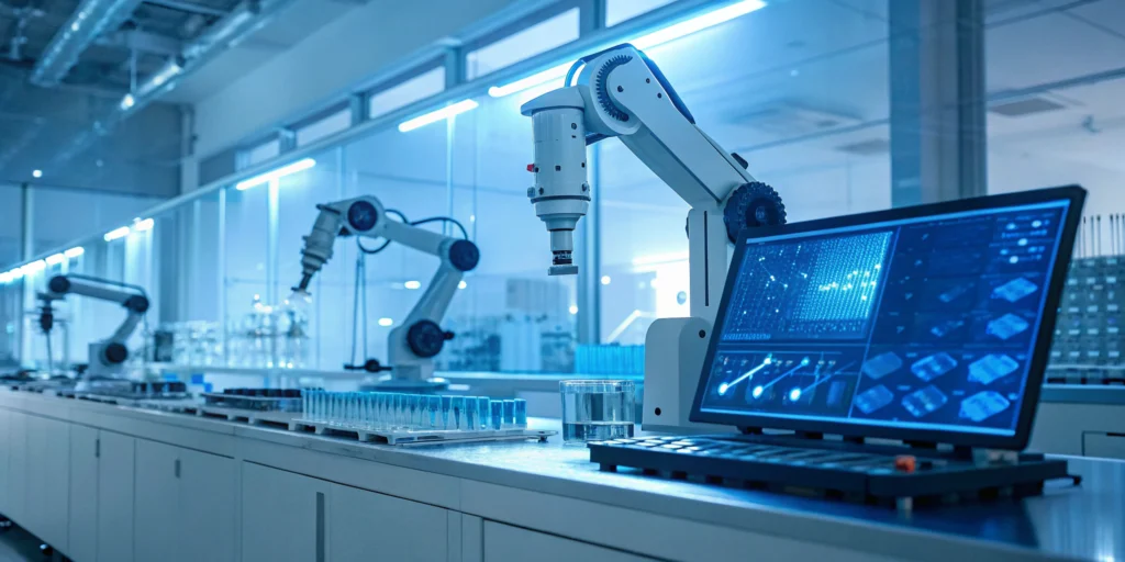 Pharmaceutical ERP with batch tracking software on a screen controlling robotic arms in a lab.