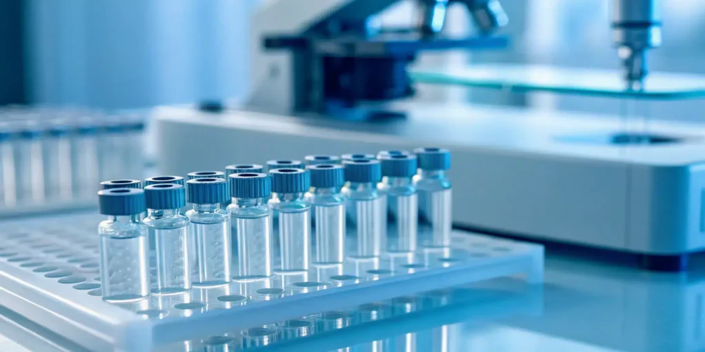 A pharmaceutical serialization vendor's automated equipment tracking vials on a production line.