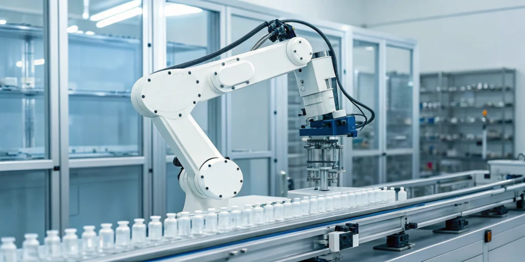 An ERP for sterile manufacturing controls a robotic arm handling vials on a production line.