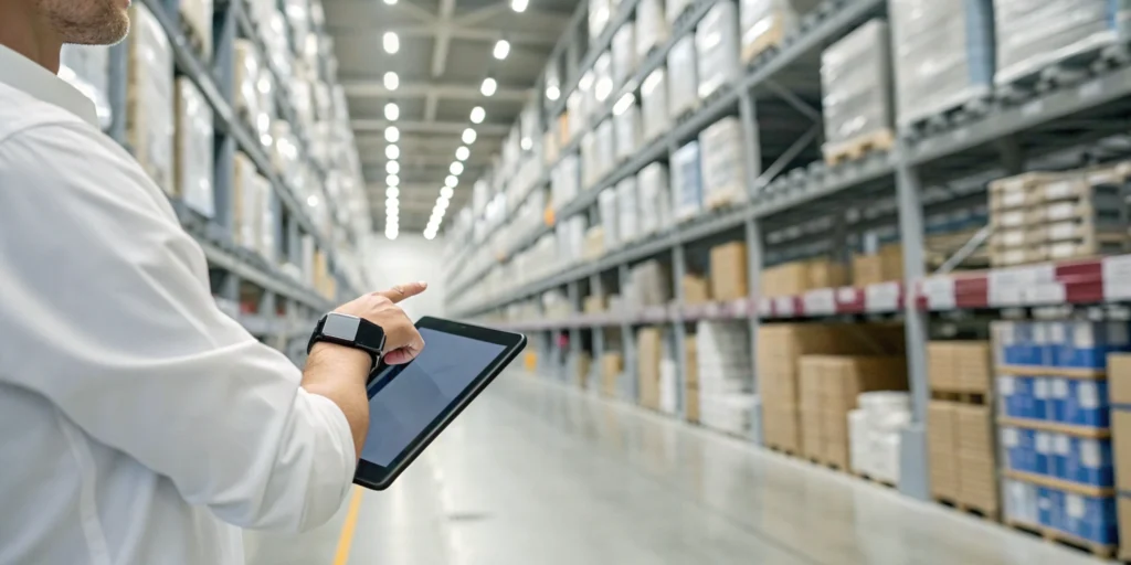 Manager in a stockroom using a tablet with NDC inventory management software.