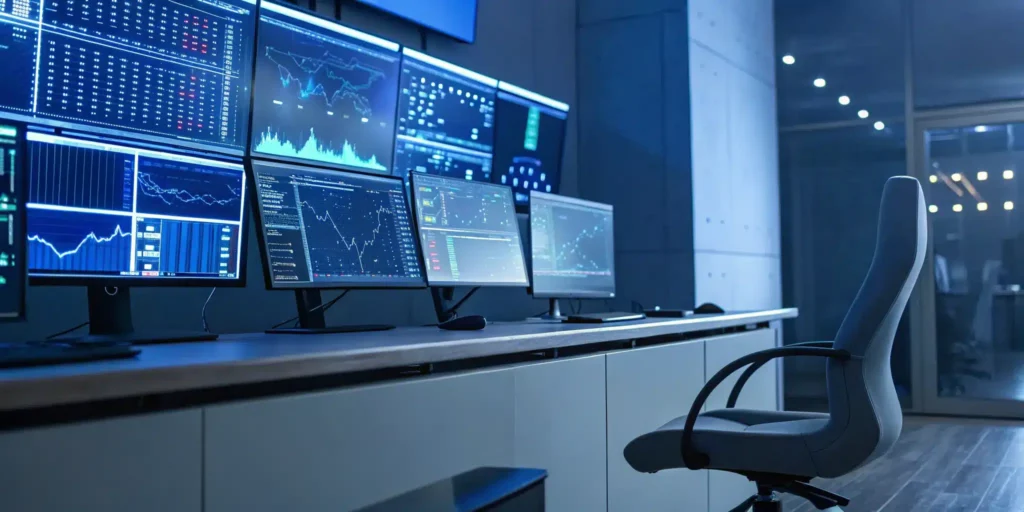 Real-time NDC tracking software showing climate data analytics and charts on multiple monitors.