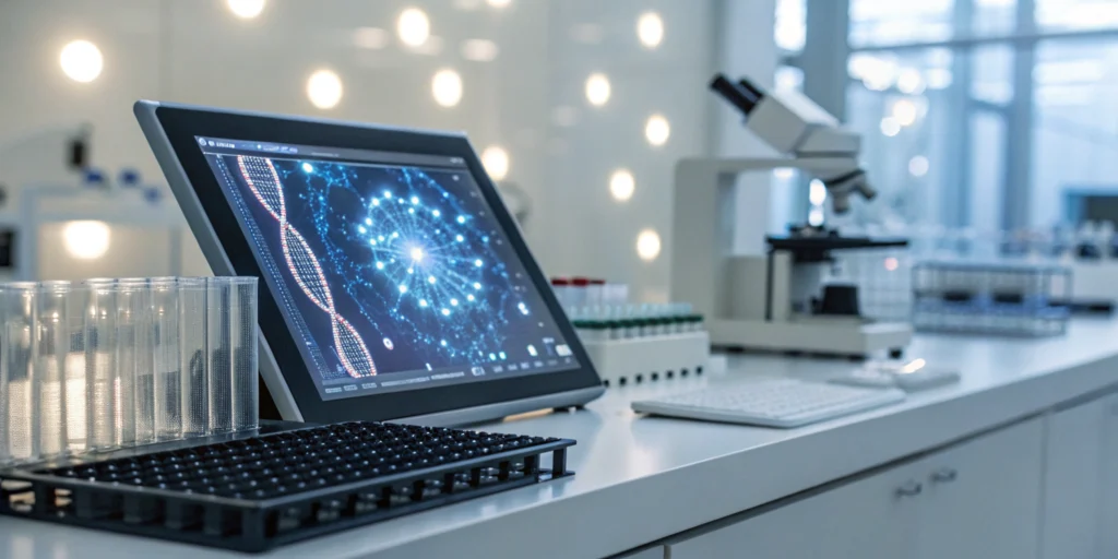 A computer displaying the best electronic batch record software in a lab with a microscope.