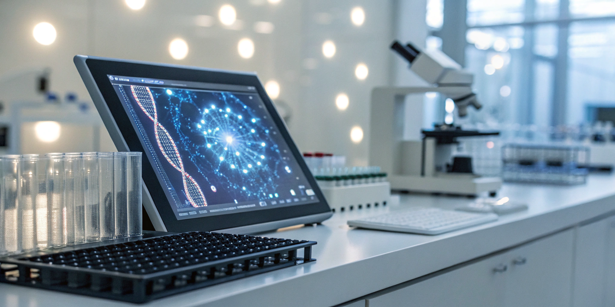 A computer displaying the best electronic batch record software in a lab with a microscope.