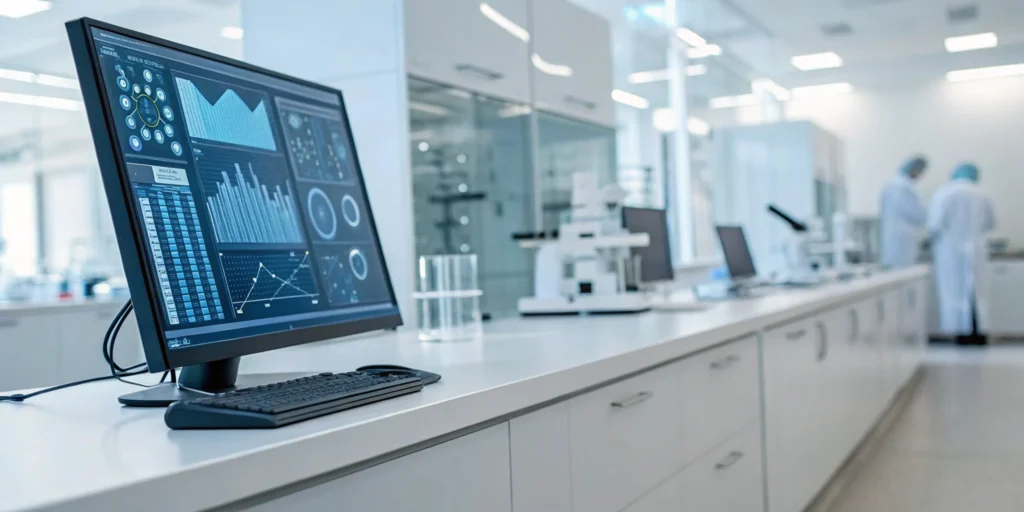 Scientist reviewing ERP analytics for a pharmaceutical manufacturer in a modern laboratory.