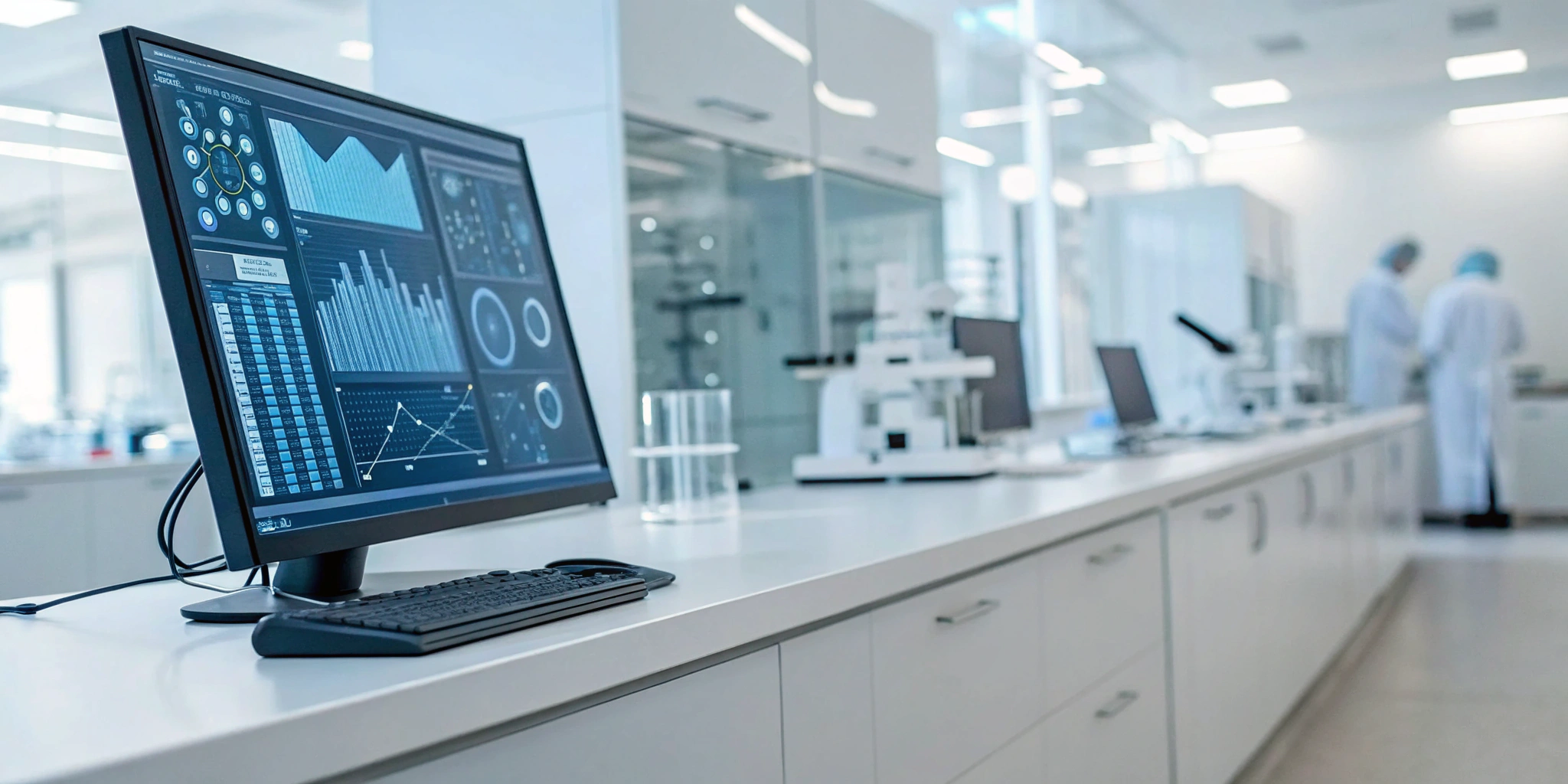 Scientist reviewing ERP analytics for a pharmaceutical manufacturer in a modern laboratory.