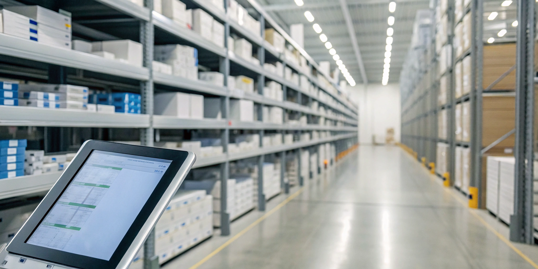 Inventory software with NDC lookup on a tablet in a pharmacy stockroom.