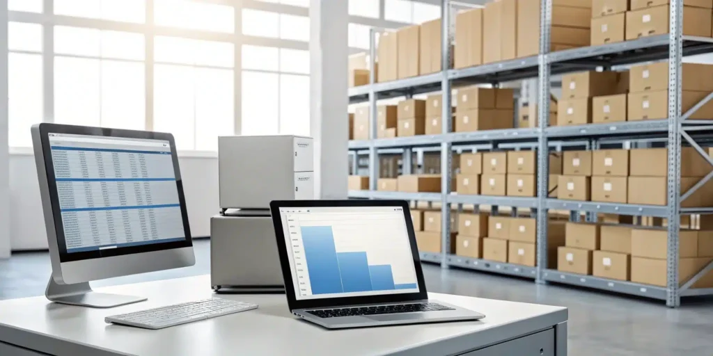 Serialized inventory management software dashboard tracking products in a modern warehouse.