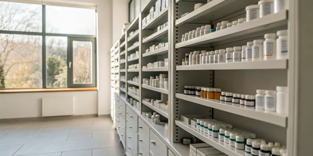 Well-managed pharmacy inventory on shelves for turnover improvement.
