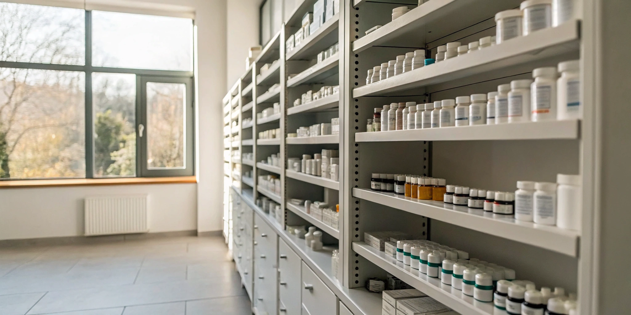 Well-managed pharmacy inventory on shelves for turnover improvement.