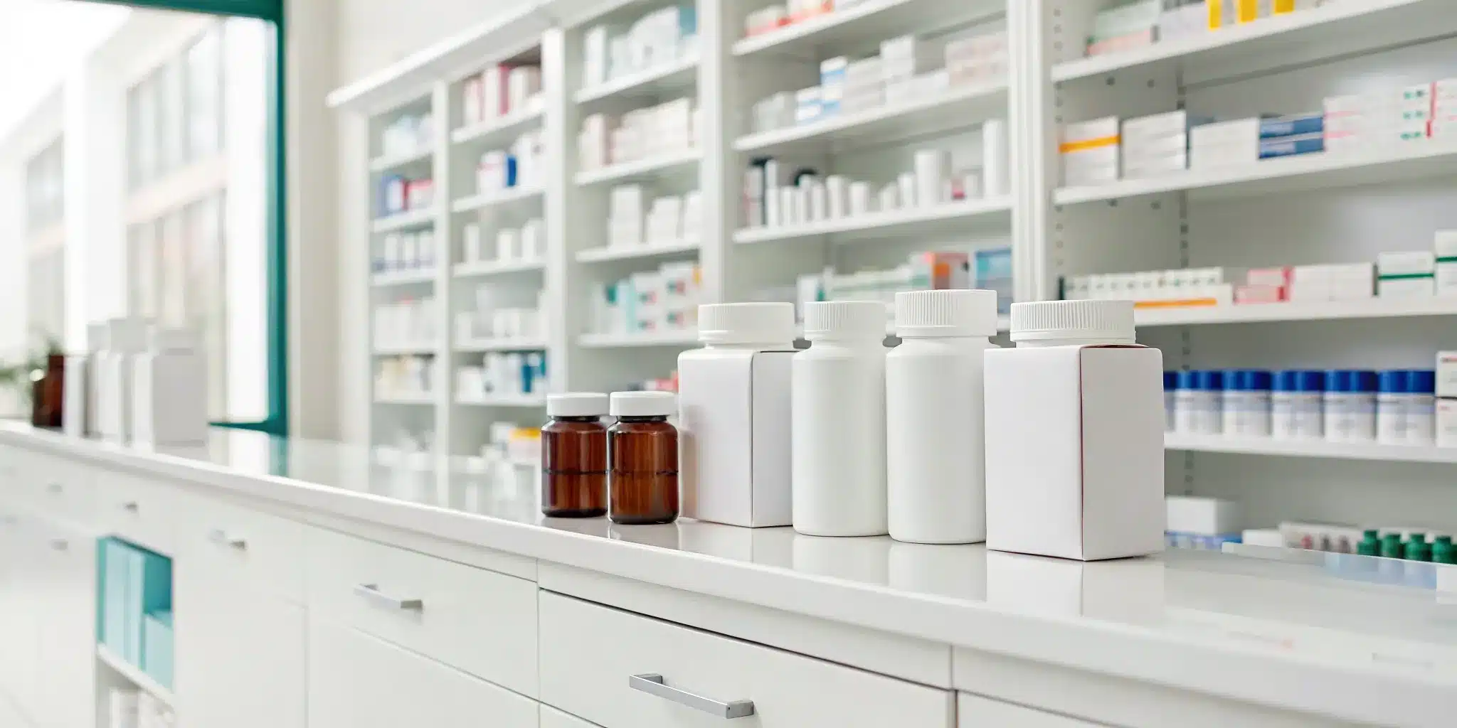 Organized pharmacy shelves with medicines, a key strategy for reducing stockouts.