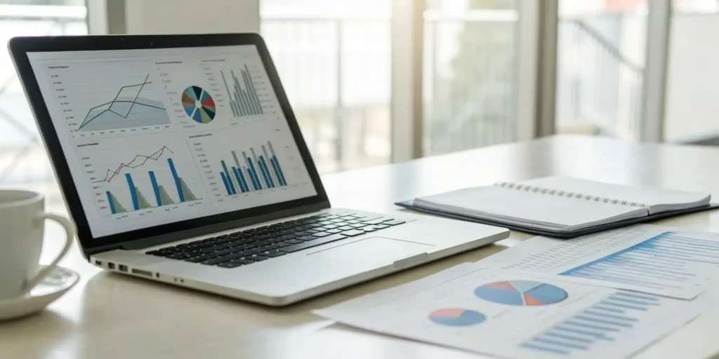 A laptop displaying a deviation tracking software dashboard with charts and compliance reports.