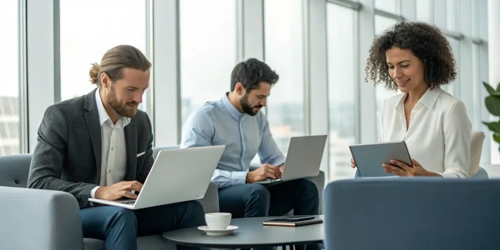 A team tracks supplier performance using quality management software on laptops and a tablet.