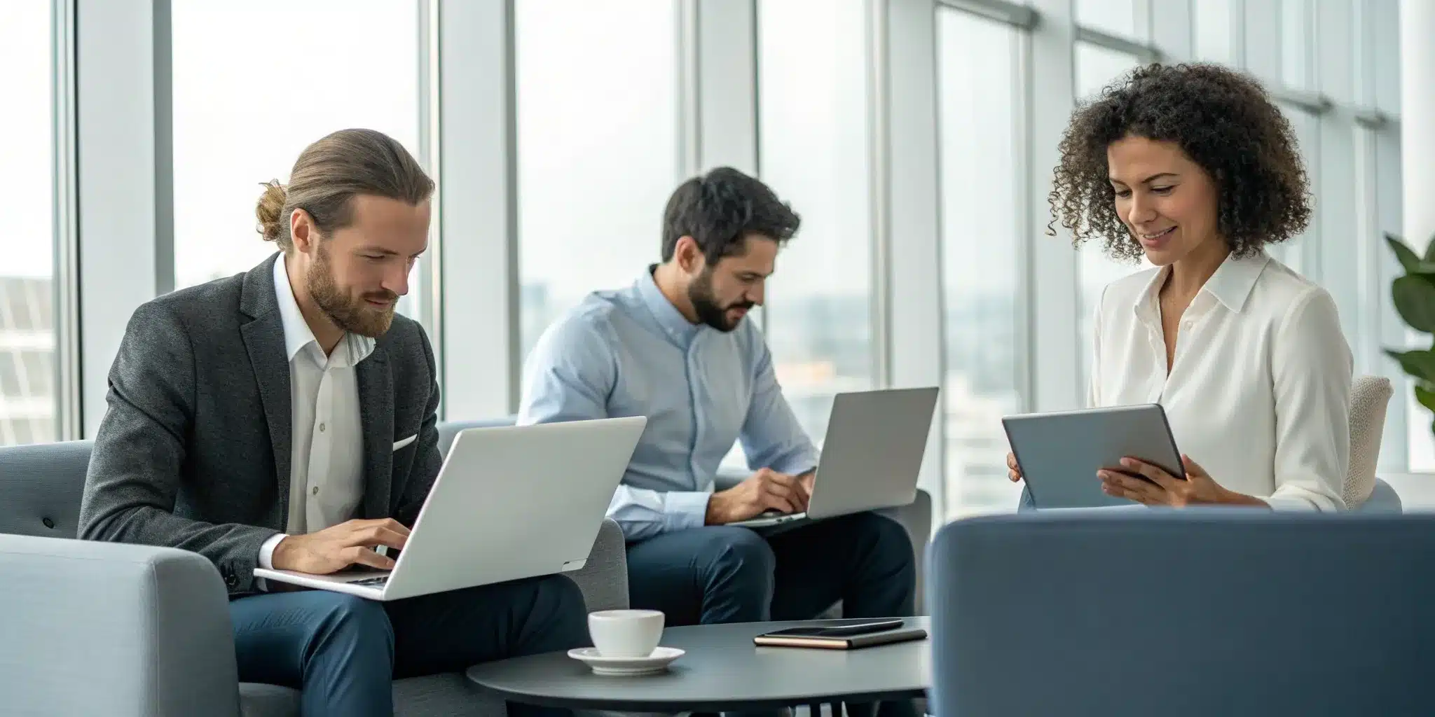 A team tracks supplier performance using quality management software on laptops and a tablet.