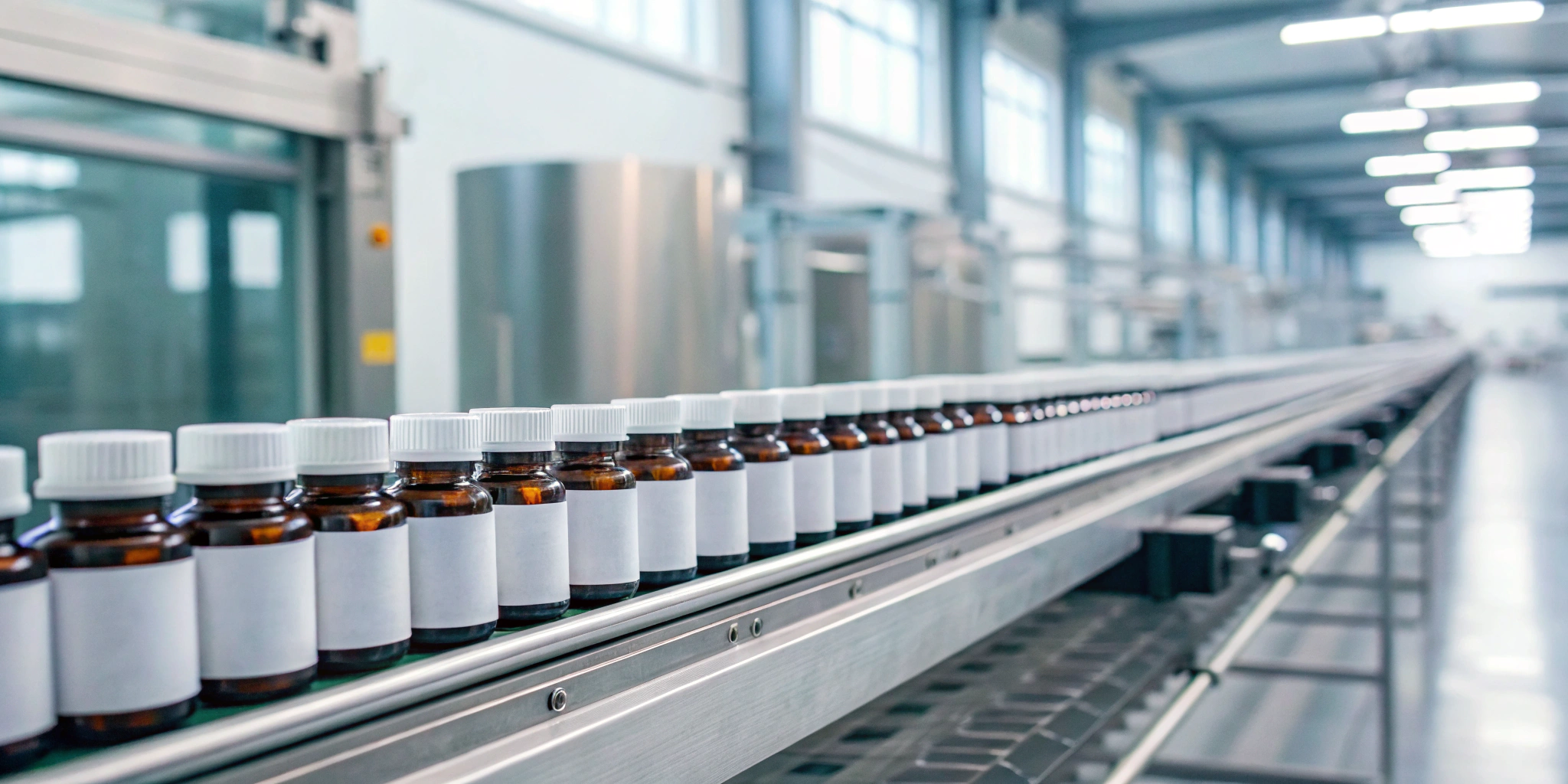 Pharmaceutical bottles on a production line for end-to-end traceability.