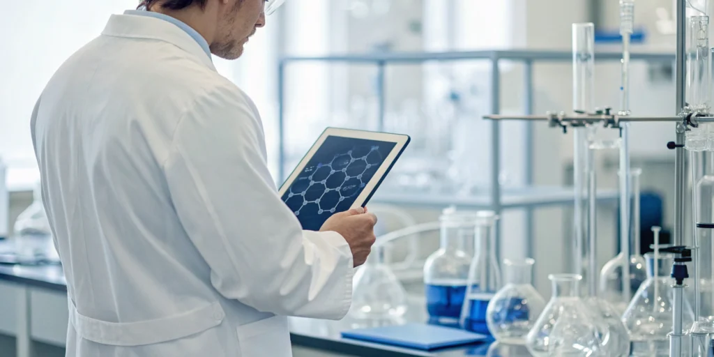 Pharma scientist using formula management software on a tablet in a laboratory.