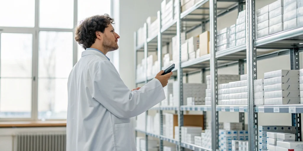 A pharmacist uses a digital device for smarter rx inventory management.