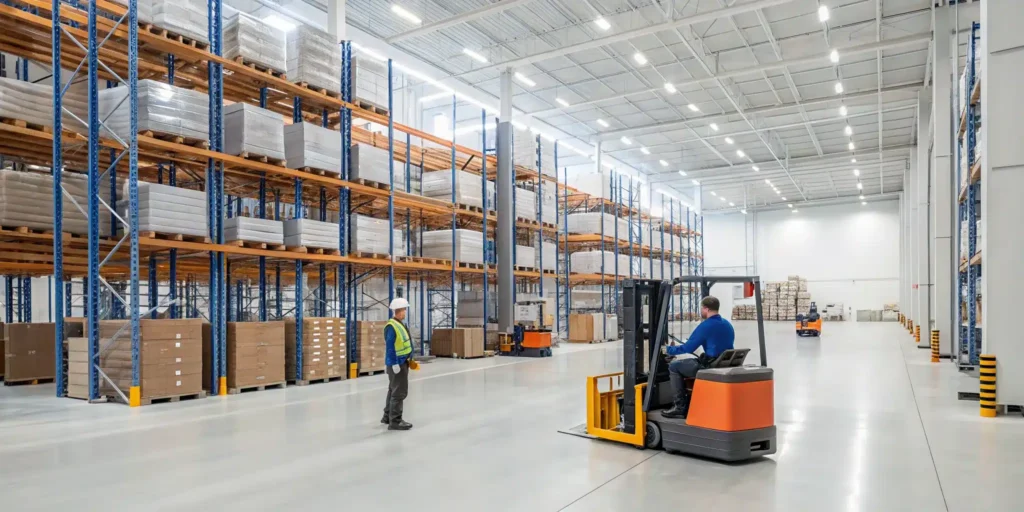 Warehouse team using slotting optimization software to improve inventory placement and picking speed.