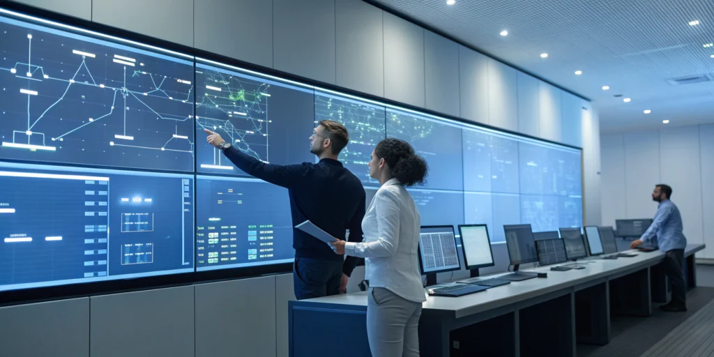 Team reviewing a pharma ERP implementation timeline on a digital dashboard.