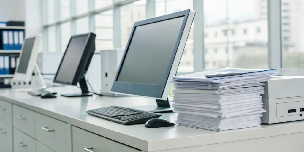 Desk buried in paperwork from manual accounts receivable, a problem automation solves for distributors.