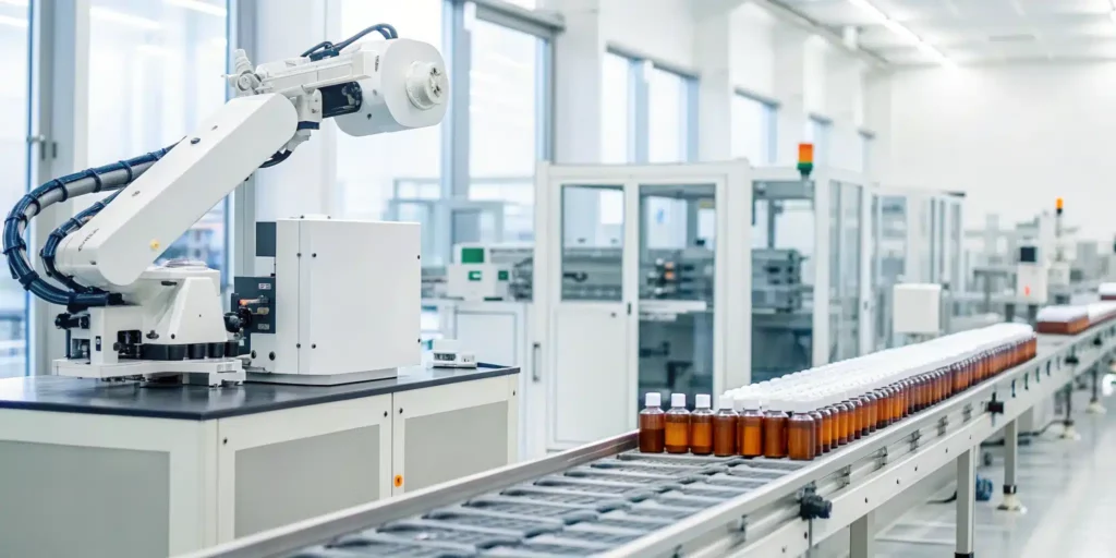 AI-powered robotic arm automates bottle packaging and quality control in the pharma supply chain.
