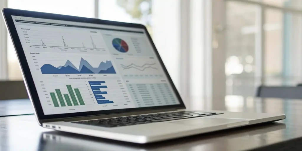 A laptop displaying a gross to net dashboard with charts tracking revenue and deductions.