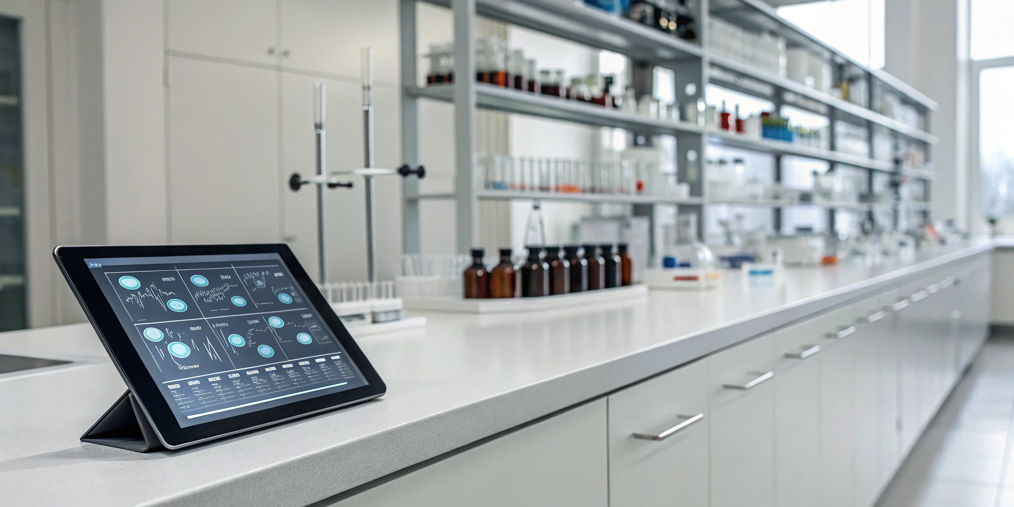Tablet in a lab showing how ERP software helps pharma wholesalers manage inventory and track compliance.