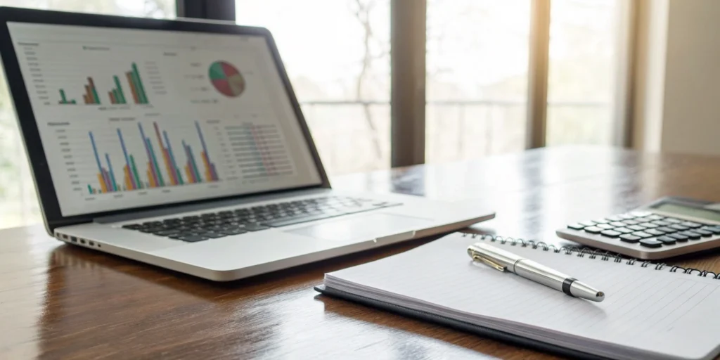A calculator and laptop with charts for calculating serialized ERP return on investment.