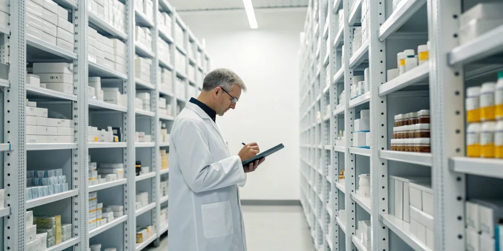 Pharmacist checking expiry dates for effective pharmacy inventory management.
