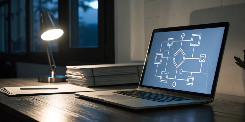A workflow diagram on a laptop showing the steps for implementing a serialized ERP.