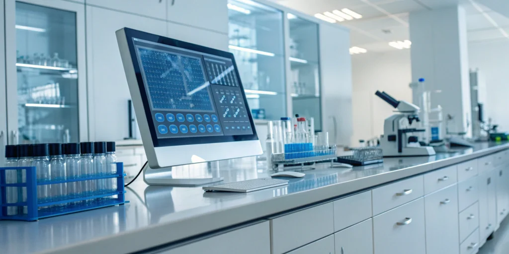 A computer showing an ERP for pharmaceutical repackagers in a modern quality control lab.