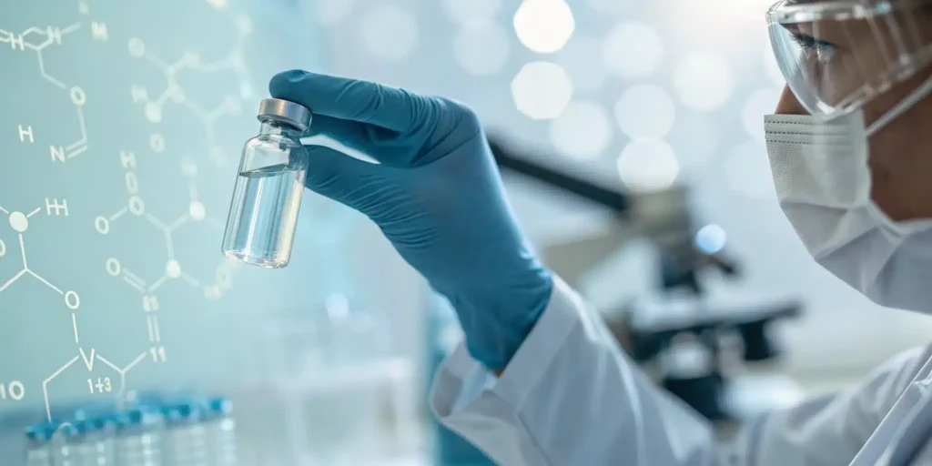 Scientist inspecting a pharmaceutical vial for serialization, a key focus of market trends.