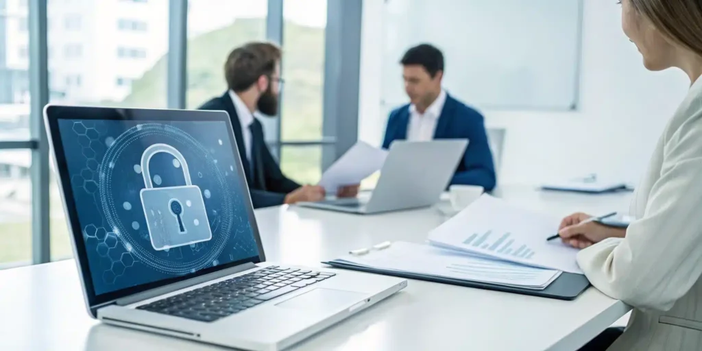 Team in an office discussing Part 11 audit trail requirements on a secure laptop.