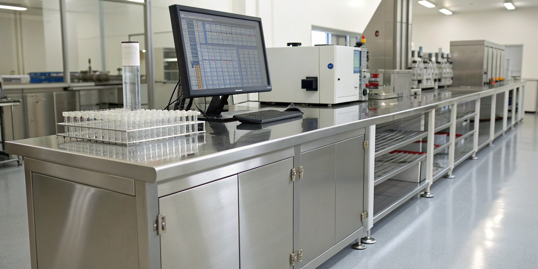 Pharmaceutical lab with a computer system for quality management system integration.