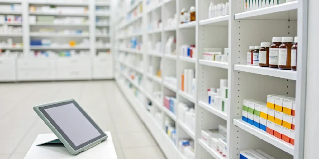 Tablet used for pharmacy inventory forecasting in front of shelves stocked with medicine.