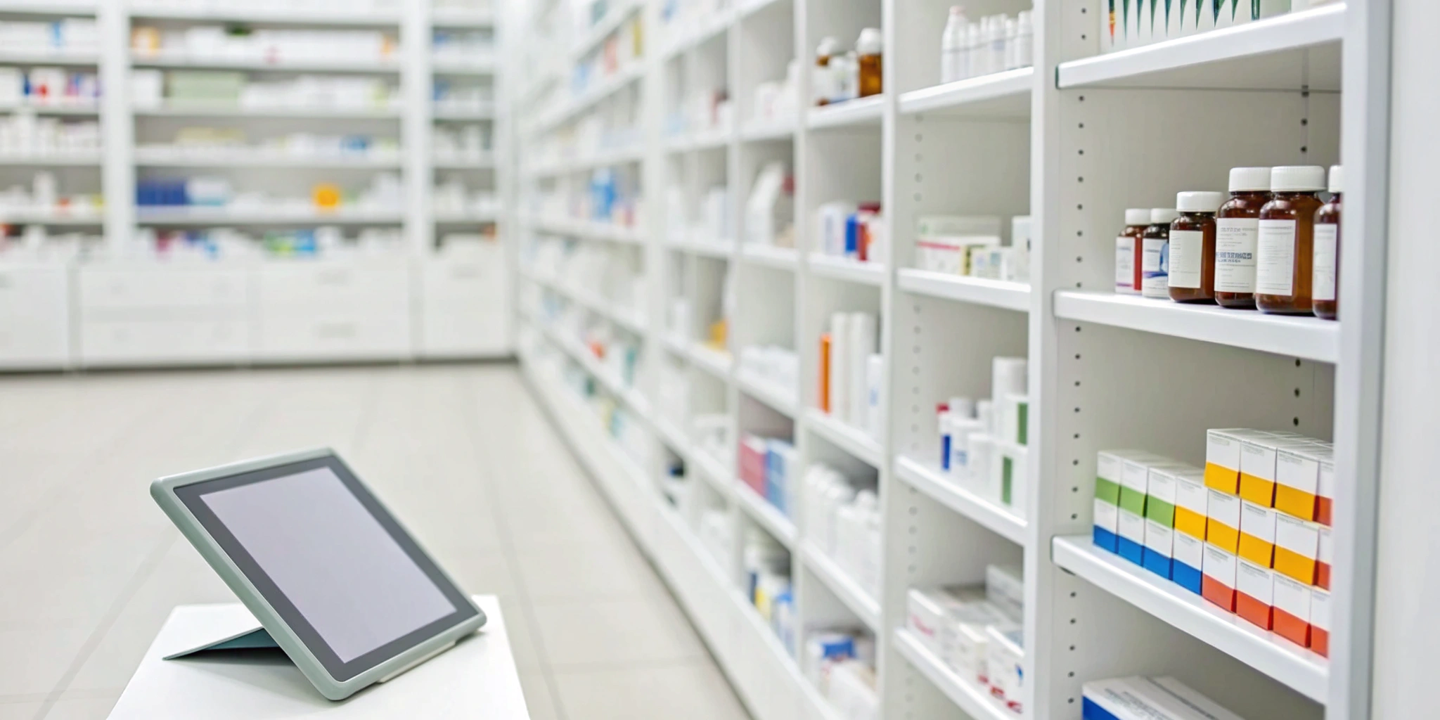 Tablet used for pharmacy inventory forecasting in front of shelves stocked with medicine.