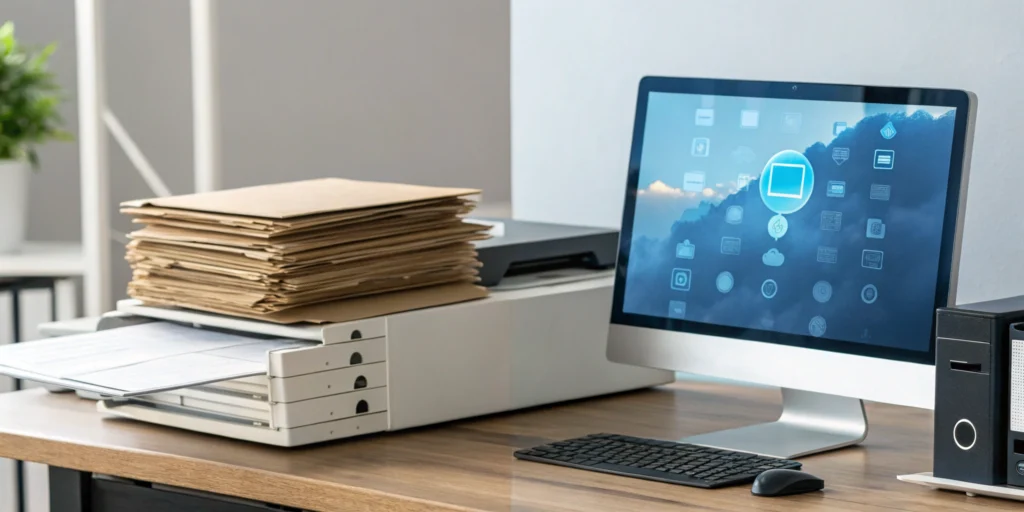 An office desk with a computer and folders for a serialized vs traditional ERP comparison.