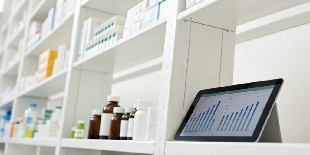 Inventory management software for specialty pharmacies shown on a tablet with medication shelves in the background.