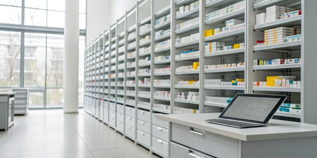Applying pharmacy inventory valuation methods with a laptop in front of medicine shelves.