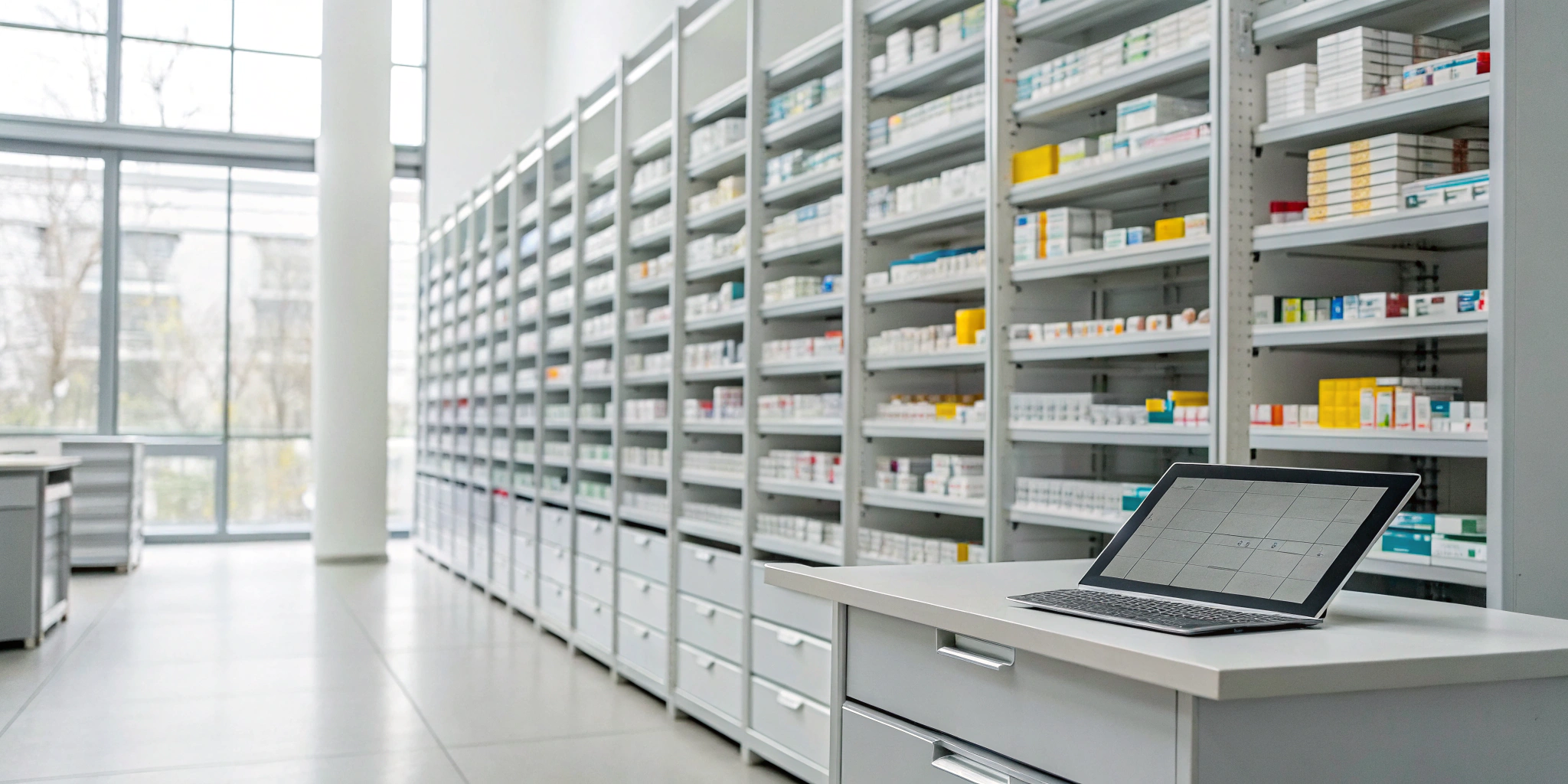 Applying pharmacy inventory valuation methods with a laptop in front of medicine shelves.