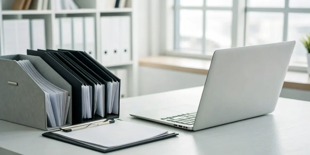 An organized desk with a laptop and documents for pharma chargeback dispute management.