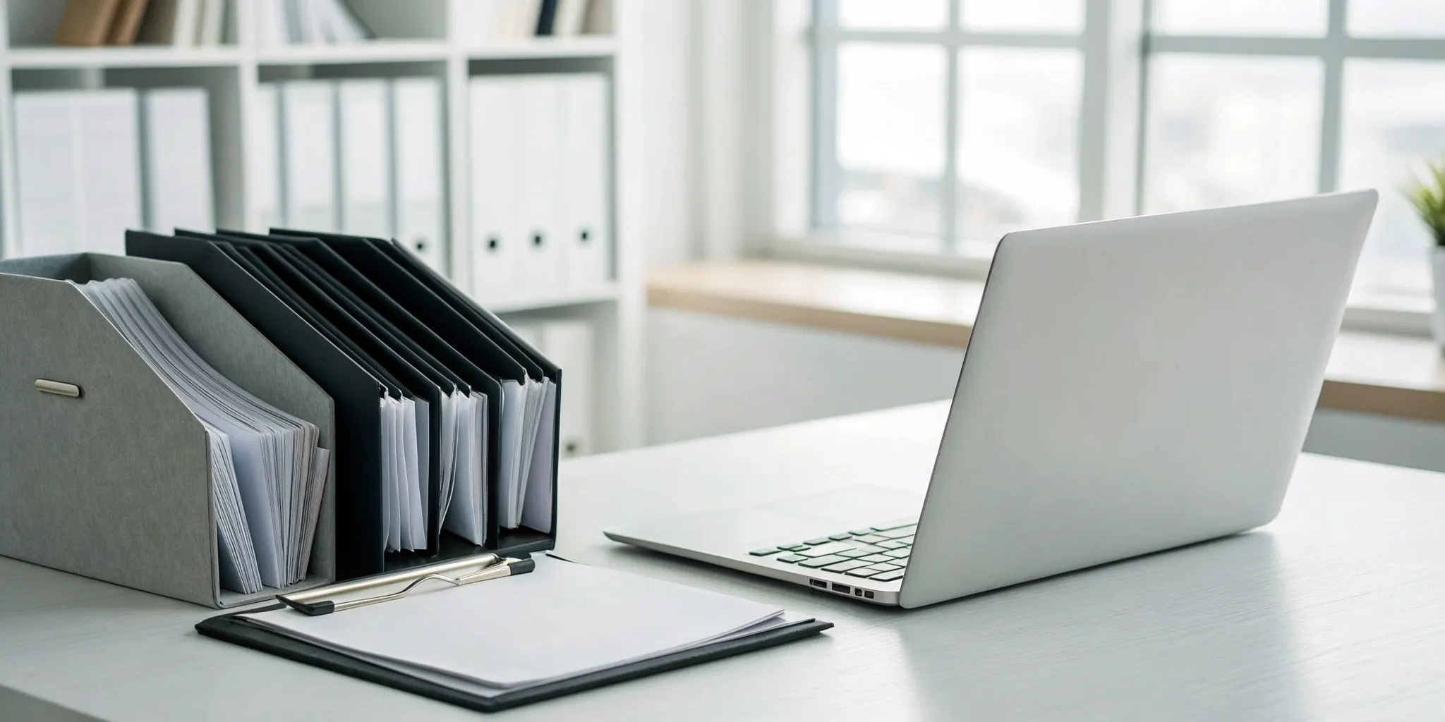 An organized desk with a laptop and documents for pharma chargeback dispute management.