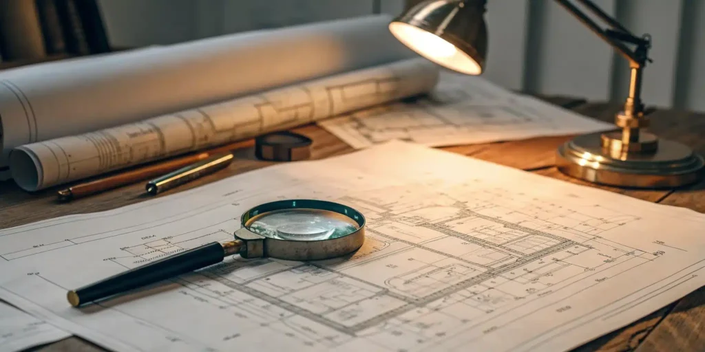 A traceability matrix template on a desk with blueprints and a magnifying glass for review.
