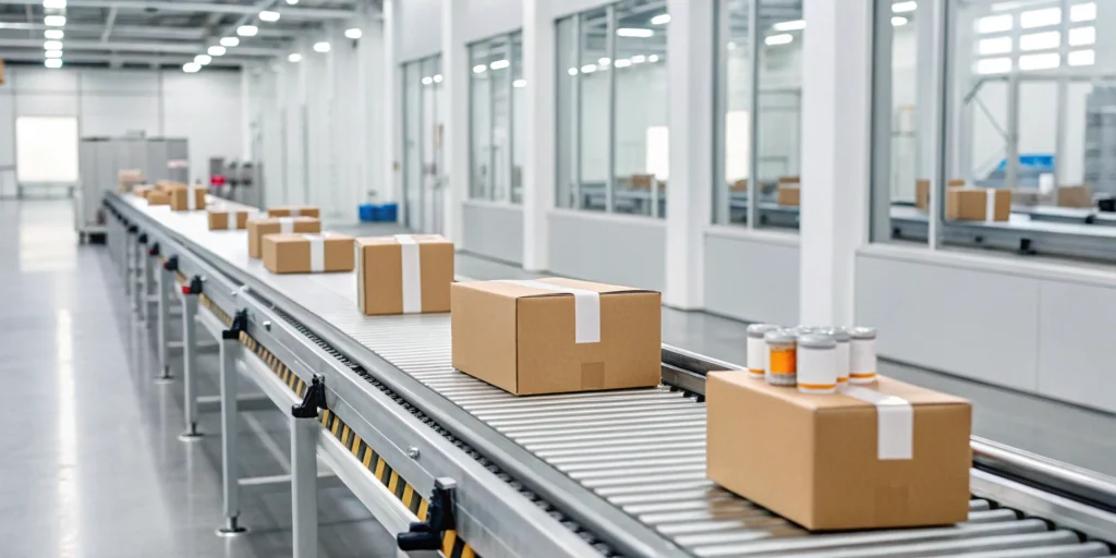 Packages on a conveyor belt processed with unit level serialization software.