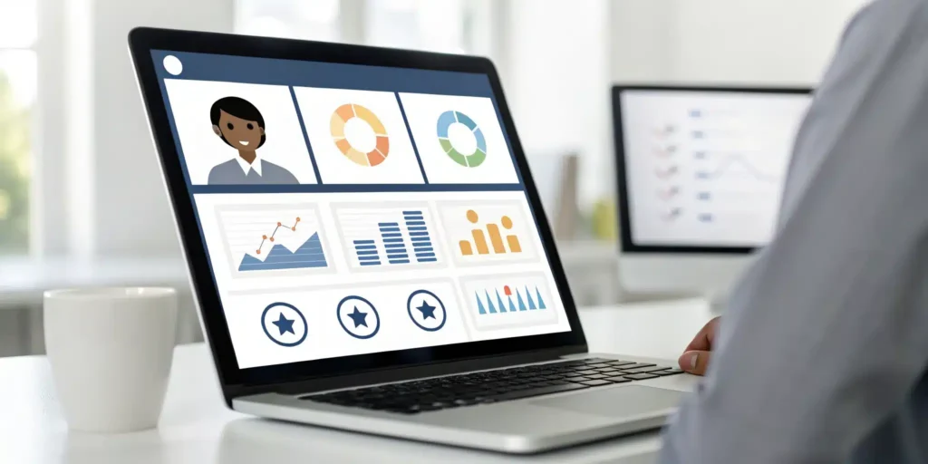 A customer onboarding portal on a laptop with a dashboard tracking customer progress and analytics.