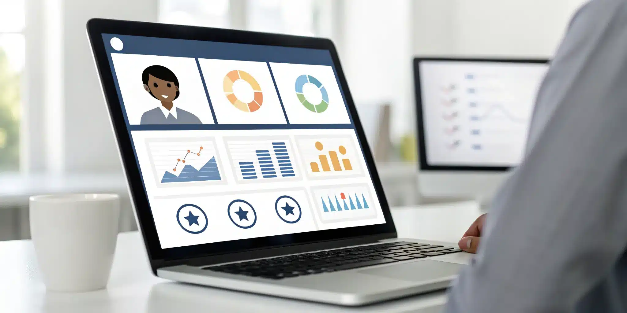 A customer onboarding portal on a laptop with a dashboard tracking customer progress and analytics.